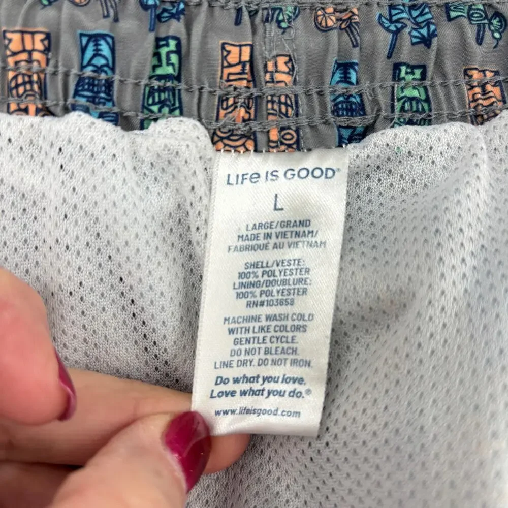 Life is Good Swim Trunks Men Size L Gray Tiki Print Mesh Lined Drawstring Shorts